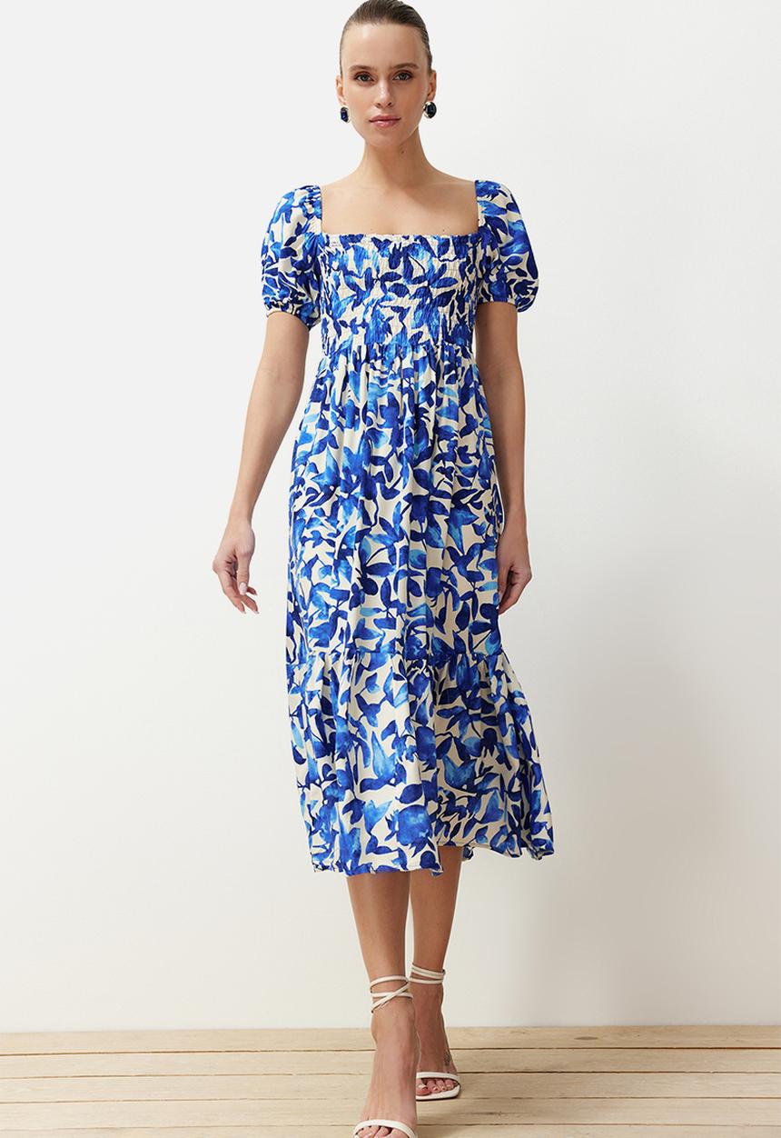 Trendyol - Floral Tiered Midi Woven Dress - Blue
