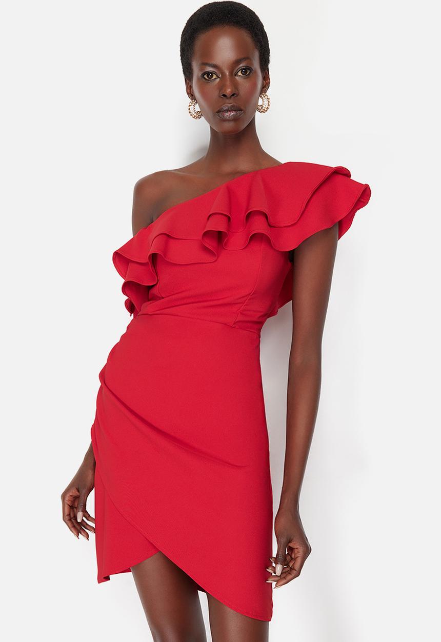 Trendyol - Single Sleeve Ruffle Woven Short Elegant Evening Night Graduation Dress - Red