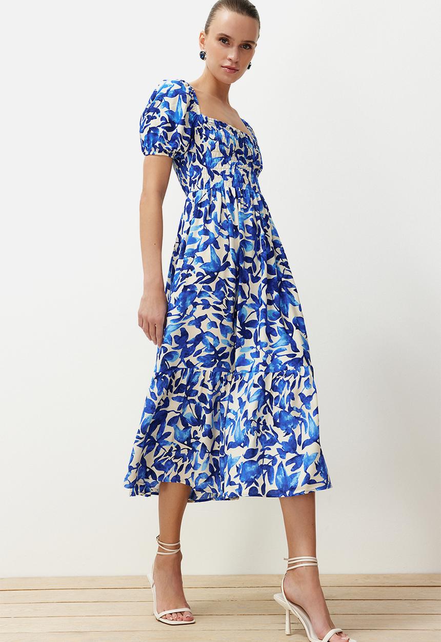 Trendyol - Floral Tiered Midi Woven Dress - Blue
