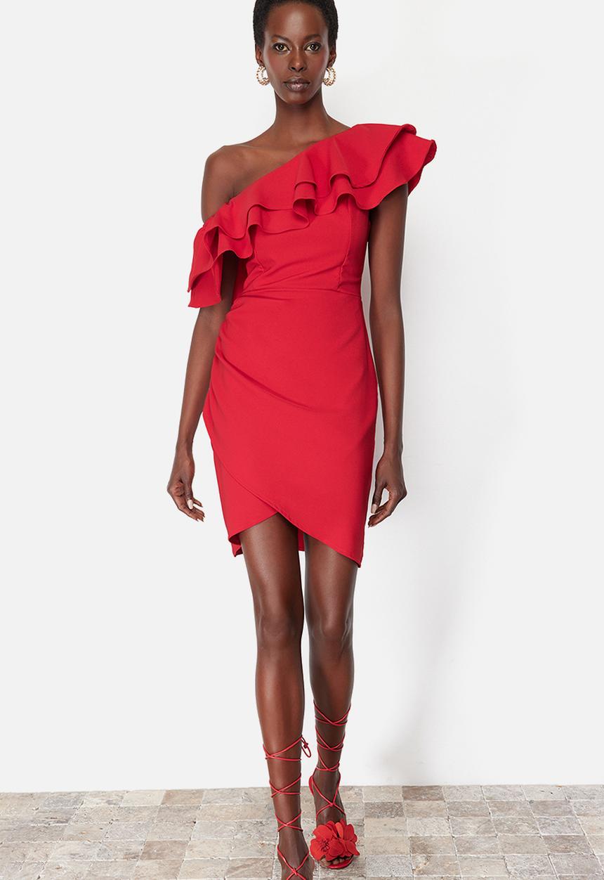 Trendyol - Single Sleeve Ruffle Woven Short Elegant Evening Night Graduation Dress - Red