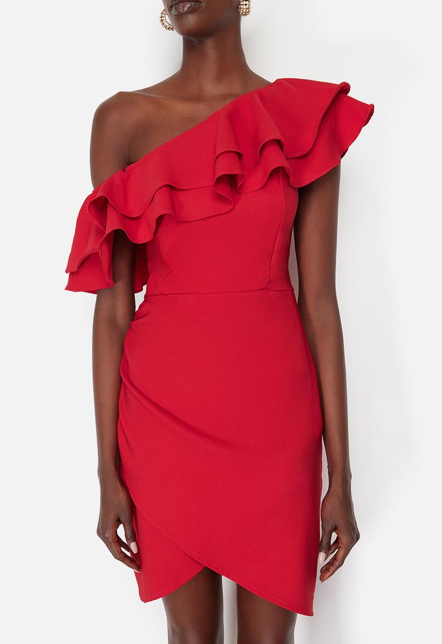 Trendyol - Single Sleeve Ruffle Woven Short Elegant Evening Night Graduation Dress - Red