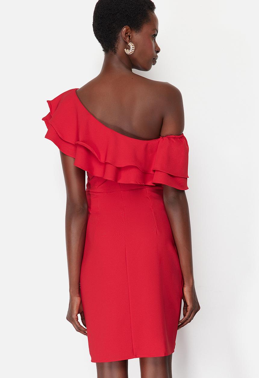 Trendyol - Single Sleeve Ruffle Woven Short Elegant Evening Night Graduation Dress - Red
