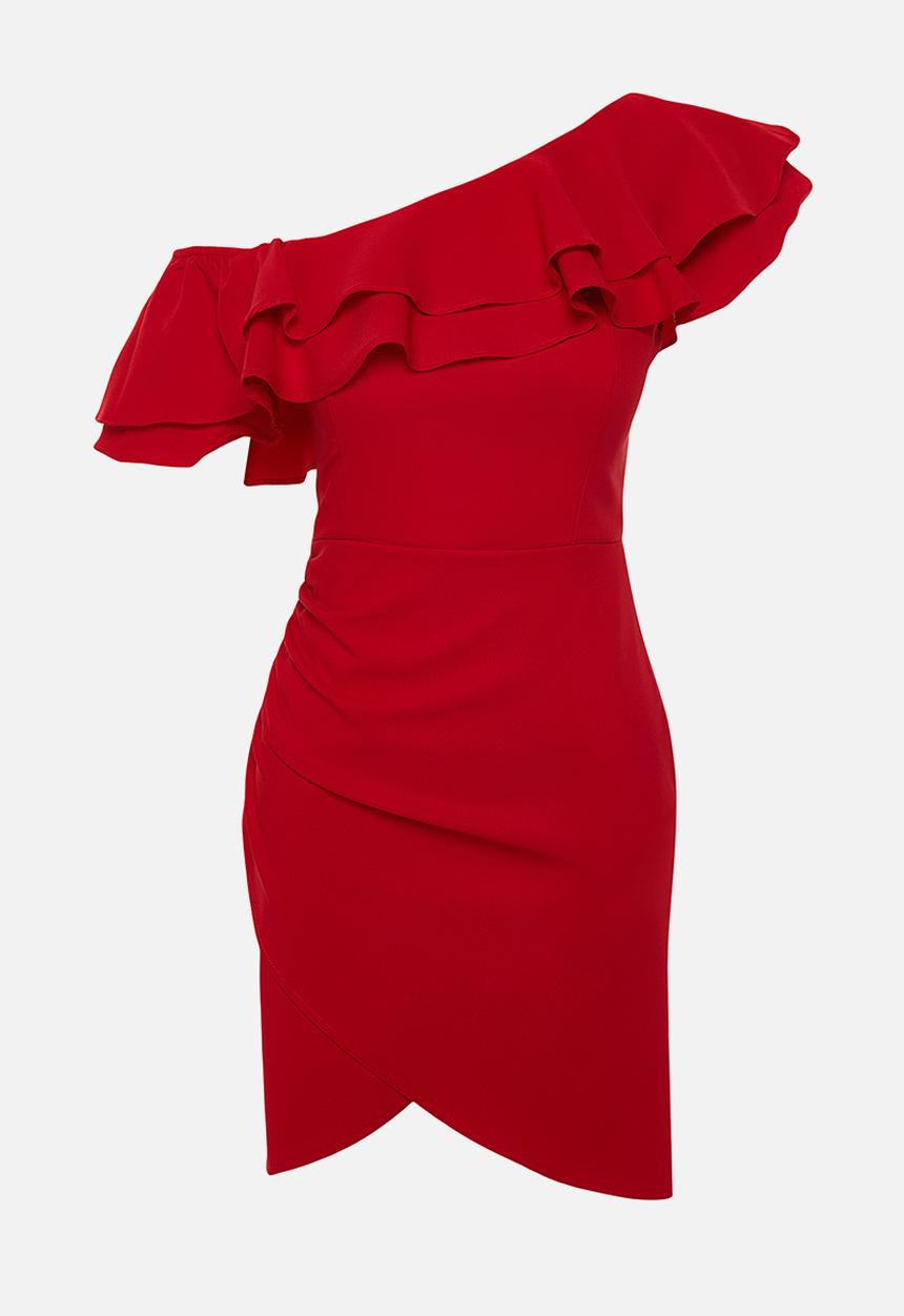 Trendyol - Single Sleeve Ruffle Woven Short Elegant Evening Night Graduation Dress - Red