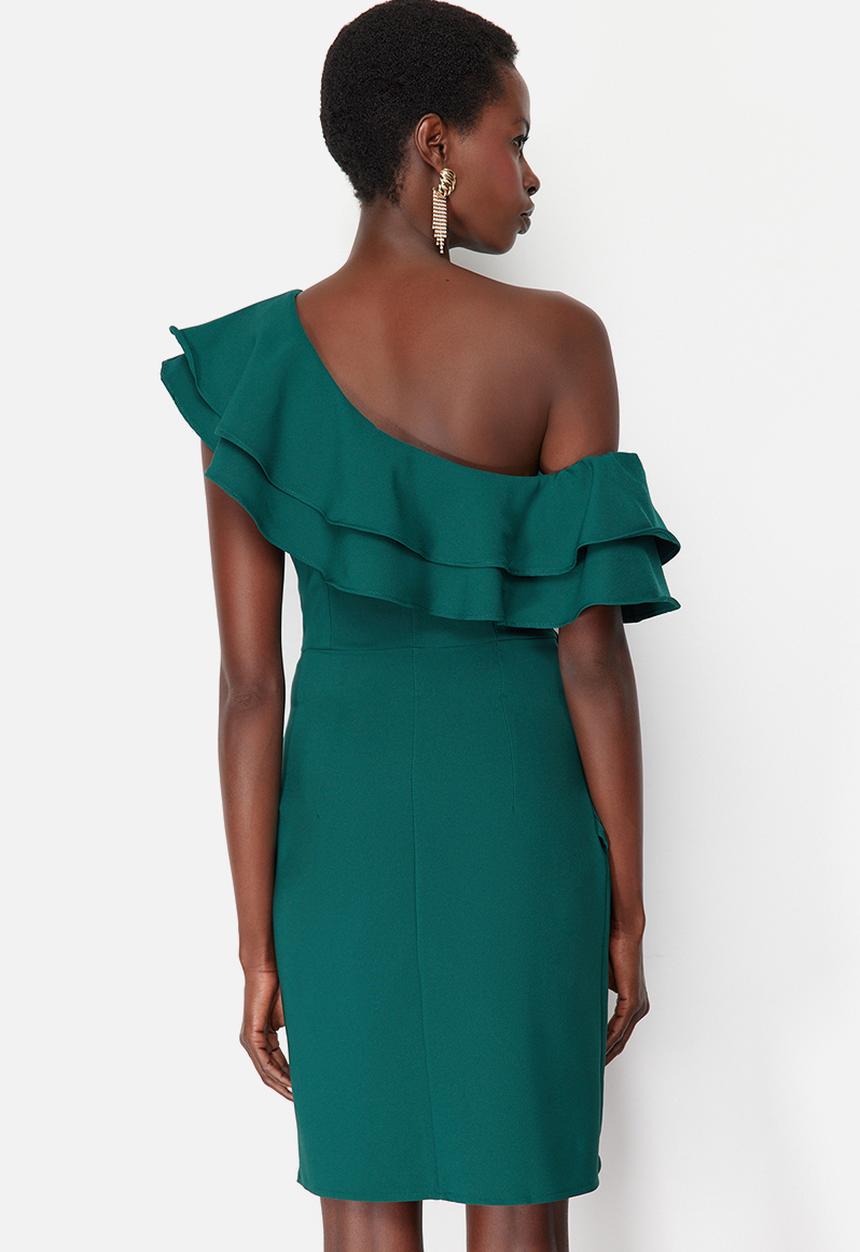 Trendyol - Single Sleeve Ruffle Woven Short Elegant Evening Night Graduation Dress - Emerald