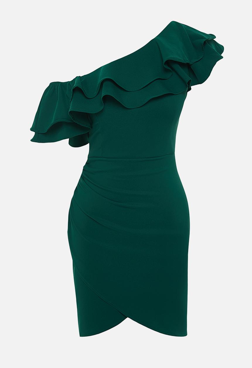 Trendyol - Single Sleeve Ruffle Woven Short Elegant Evening Night Graduation Dress - Emerald