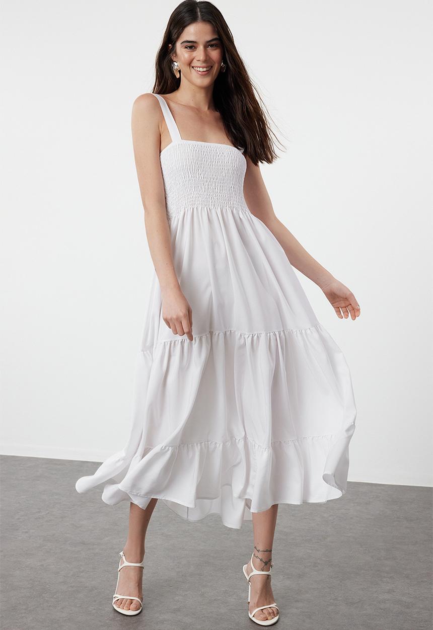 Trendyol - Plain A Cut Gipel Square Neck Lined Maxi Woven Dress - White