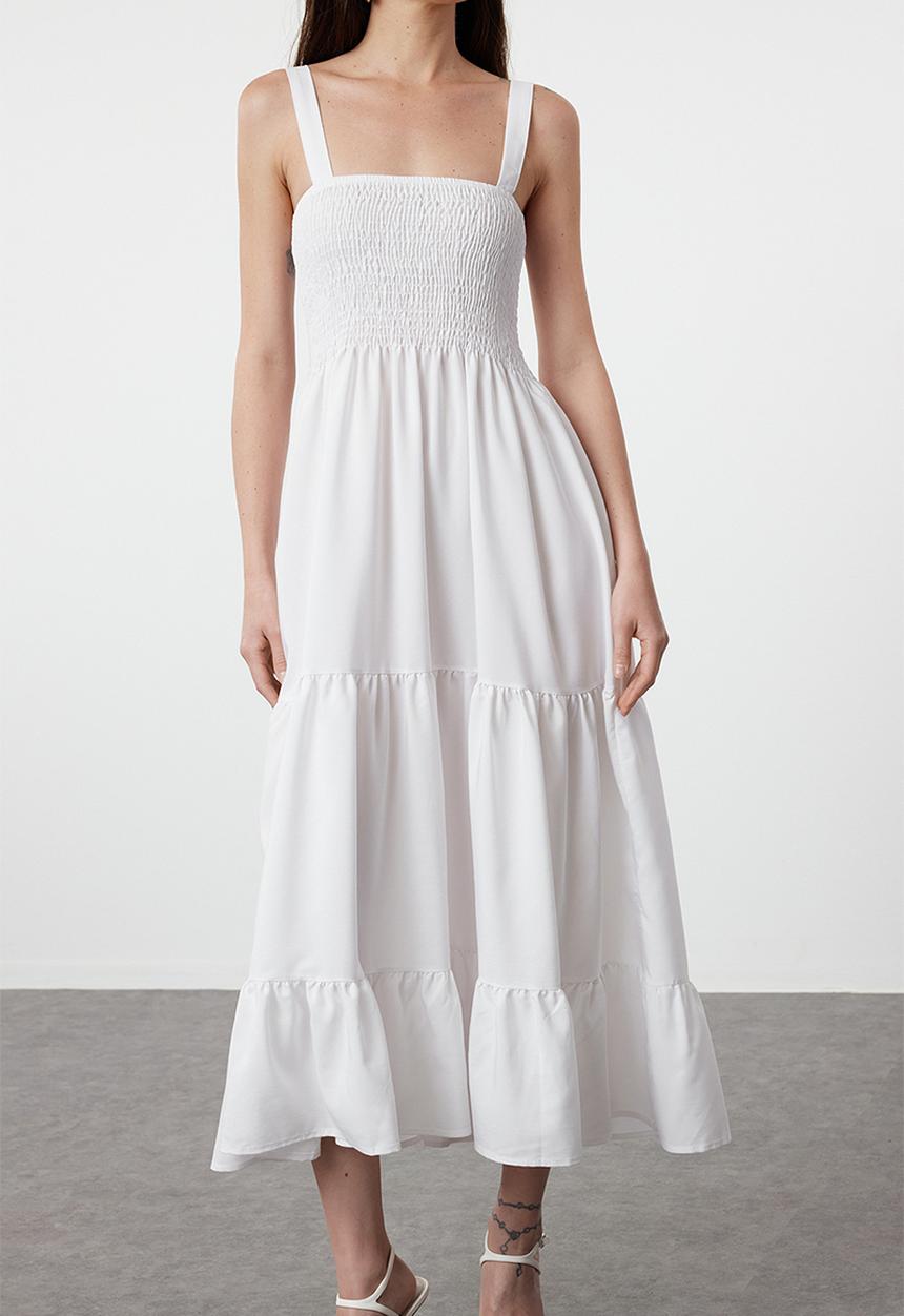 Trendyol - Plain A Cut Gipel Square Neck Lined Maxi Woven Dress - White