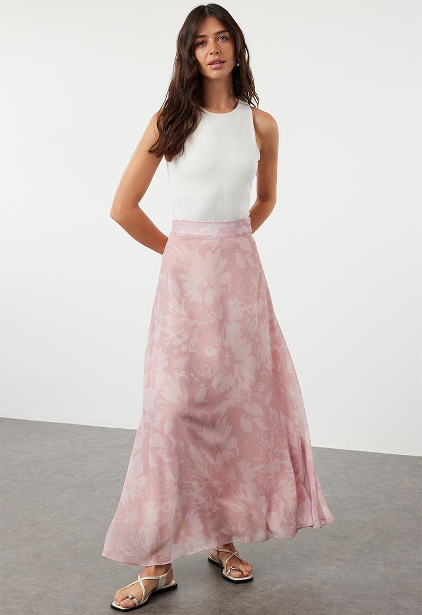 Trendyol - A-line Pattern Flared Lined Chiffon Maxi Woven Skirt - Light pink