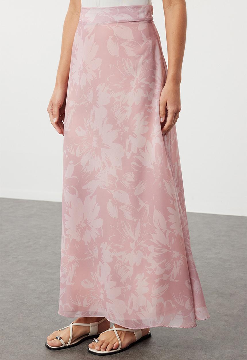 Trendyol - A-line Pattern Flared Lined Chiffon Maxi Woven Skirt - Light pink