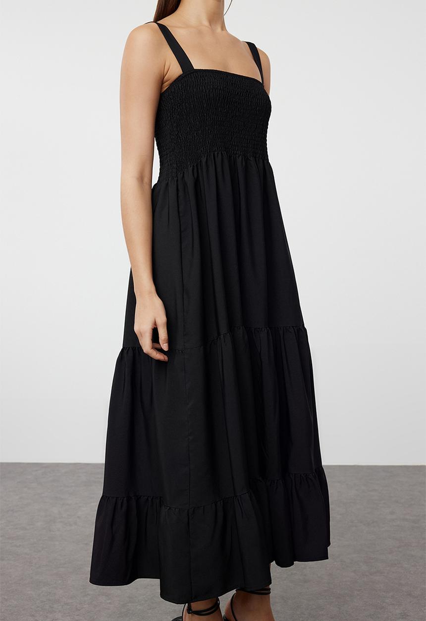 Trendyol - Plain A Cut Square Neck Lined Maxi Woven Dress - Black