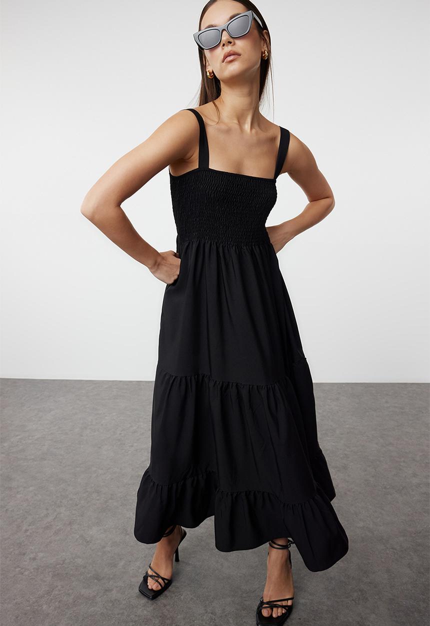 Trendyol - Plain A Cut Square Neck Lined Maxi Woven Dress - Black