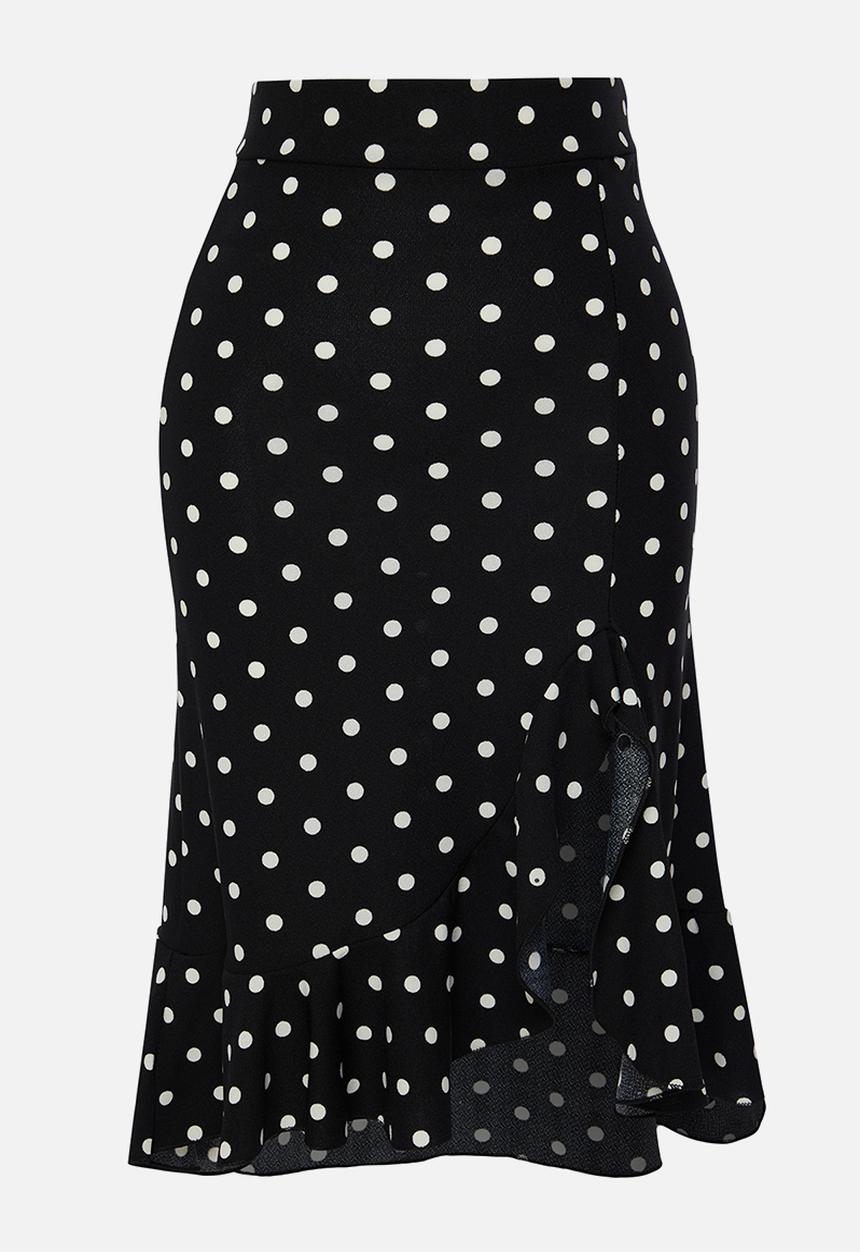 Trendyol - Polka Dot Ruffle Slit Flexible Midi Knitted Skirt - Black