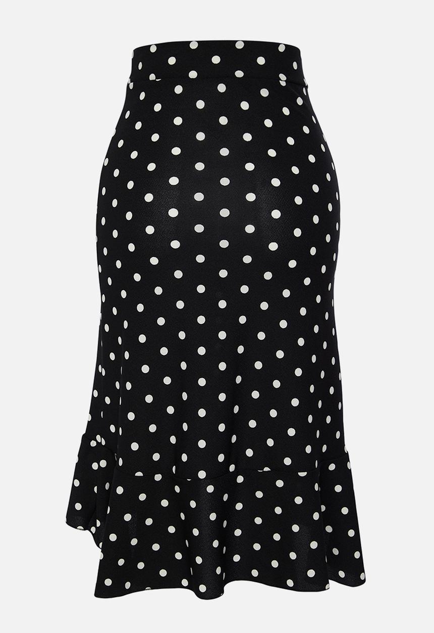 Trendyol - Polka Dot Ruffle Slit Flexible Midi Knitted Skirt - Black