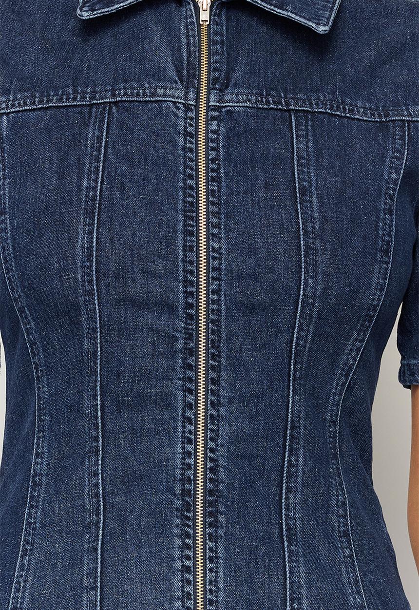 Trendyol - Zippered Fitted Mini Denim Dress - Dark blue
