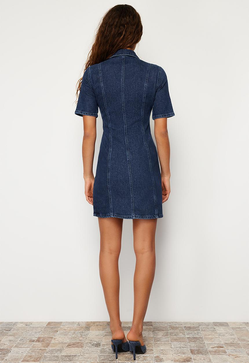 Trendyol - Zippered Fitted Mini Denim Dress - Dark blue