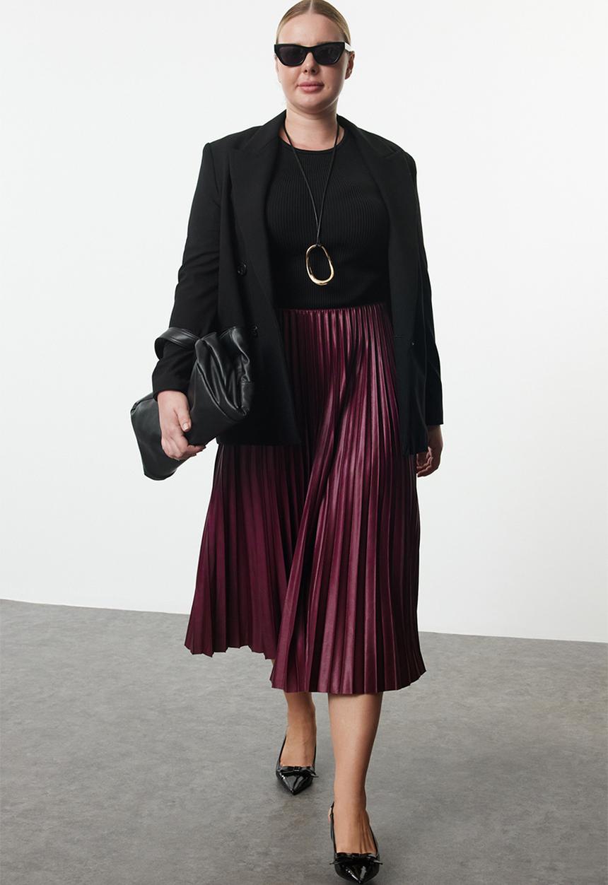 Trendyol - Elastic waist pleated woven plus size skirt - burgundy
