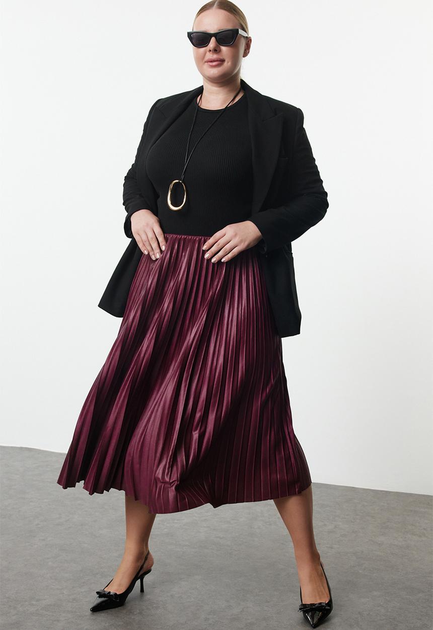 Trendyol - Elastic waist pleated woven plus size skirt - burgundy