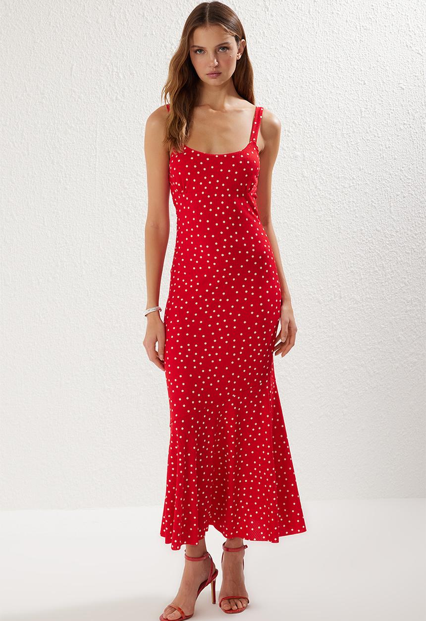 Trendyol - Polka Dot Strappy Fitted Elastic Knitted Maxi Pencil Dress - Red