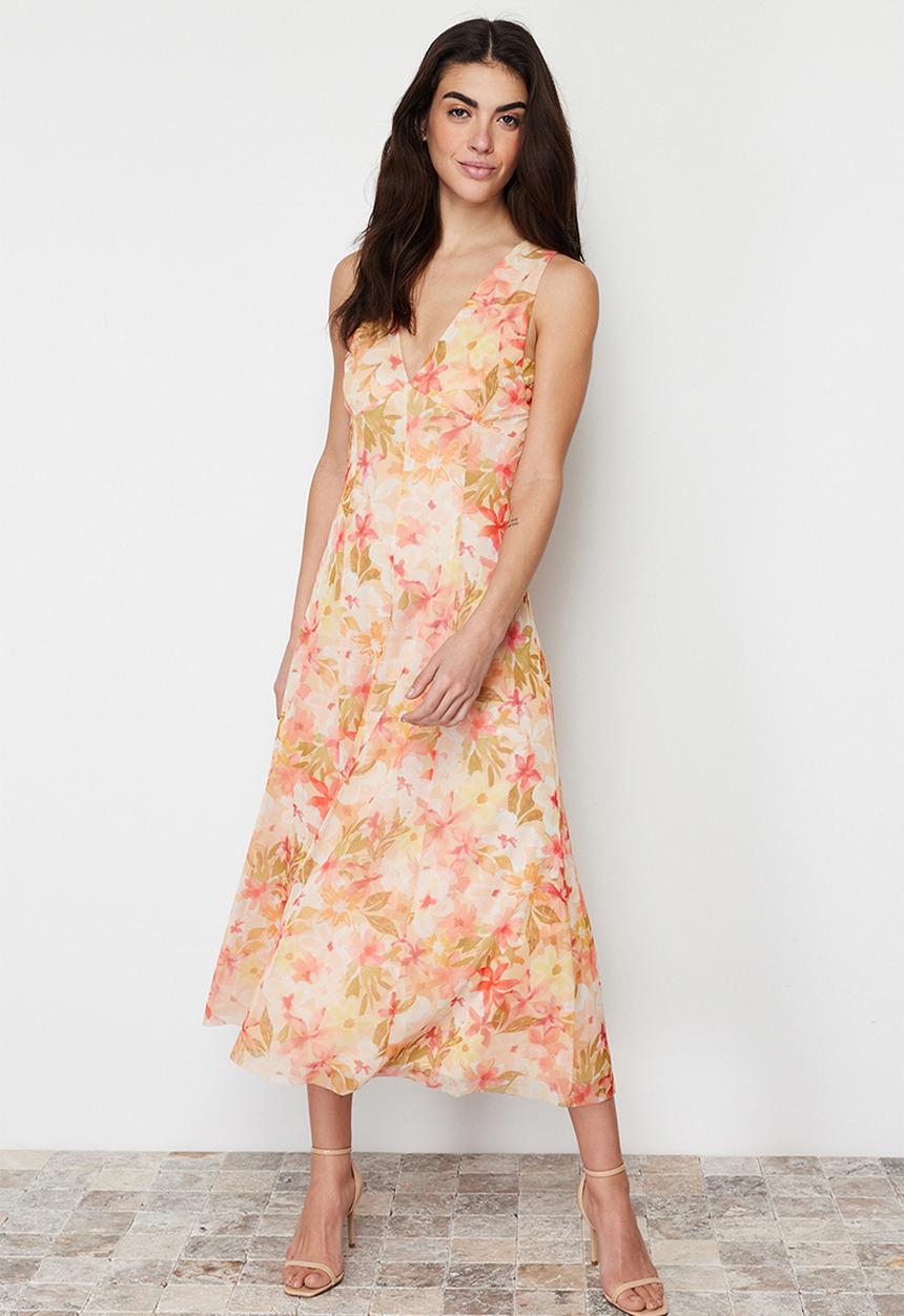 Trendyol - Floral Floral Printed V-Neck Tulle Stretchy Knitted Dress - Multi