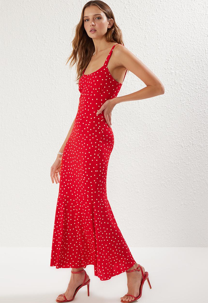 Trendyol - Polka Dot Strappy Fitted Elastic Knitted Maxi Pencil Dress - Red