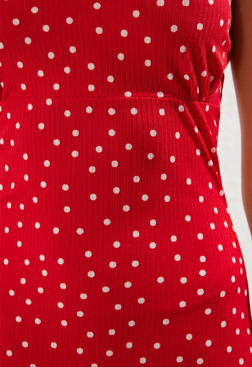 Trendyol - Polka Dot Strappy Fitted Elastic Knitted Maxi Pencil Dress - Red
