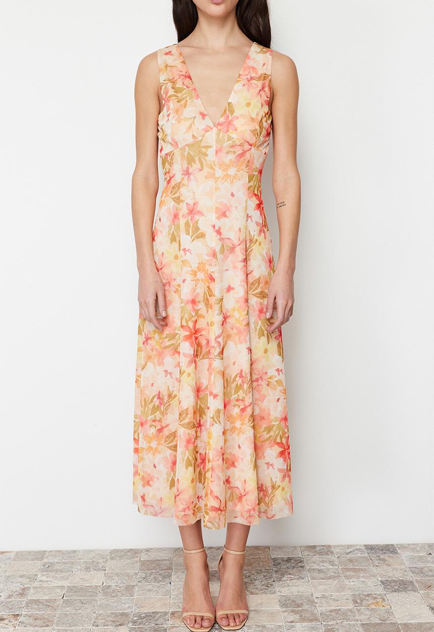 Trendyol - Floral Floral Printed V-Neck Tulle Stretchy Knitted Dress - Multi