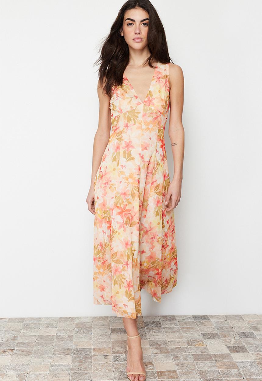 Trendyol - Floral Floral Printed V-Neck Tulle Stretchy Knitted Dress - Multi