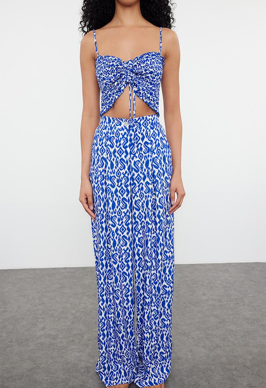 Trendyol - Tile Patterned Woven Gipel Strapless Blouse Trousers Beach Suit - Blue