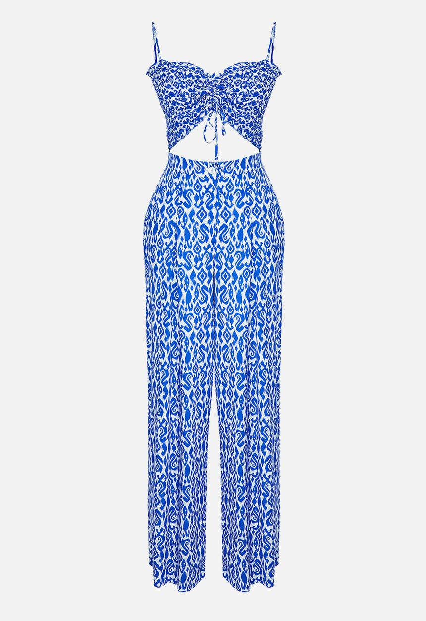 Trendyol - Tile Patterned Woven Gipel Strapless Blouse Trousers Beach Suit - Blue