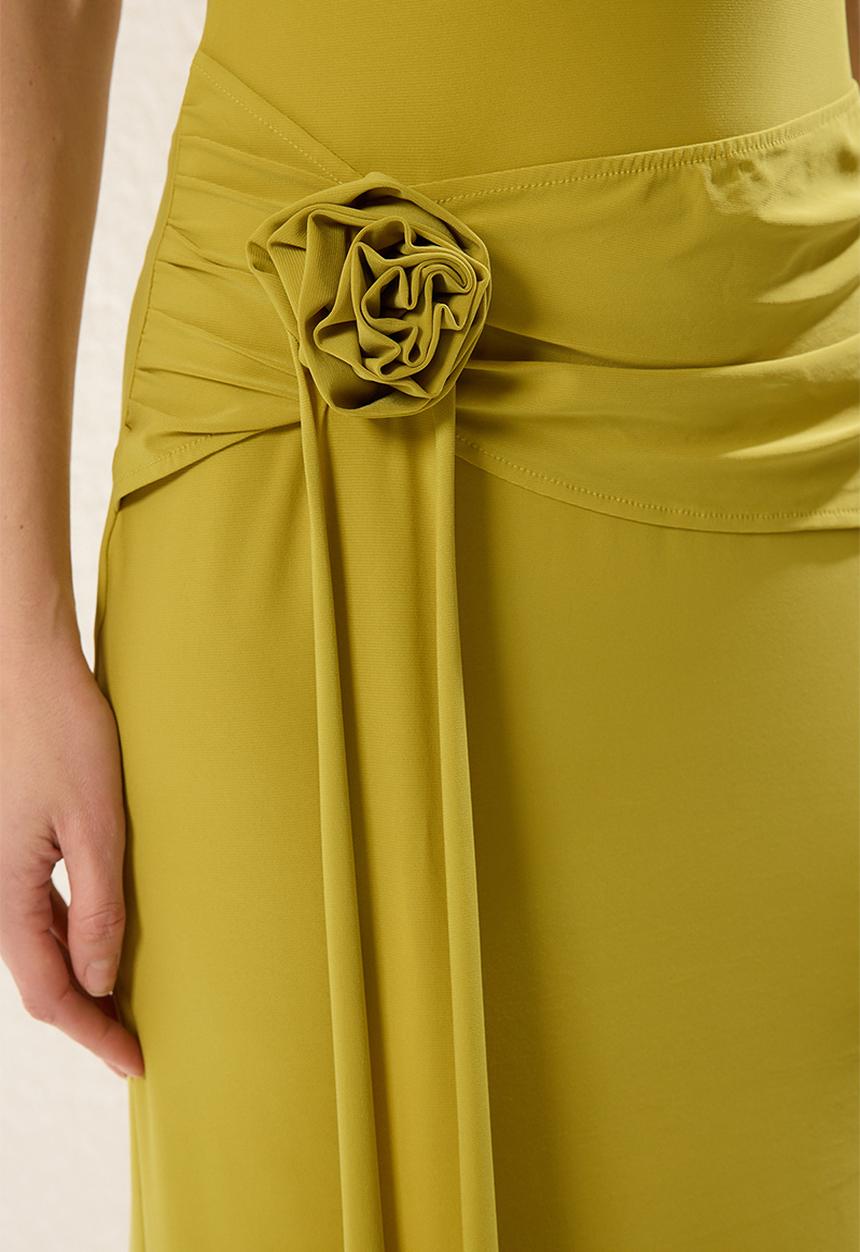Trendyol - Rose Detailed Knitted Maxi Evening Dress - Oil Green