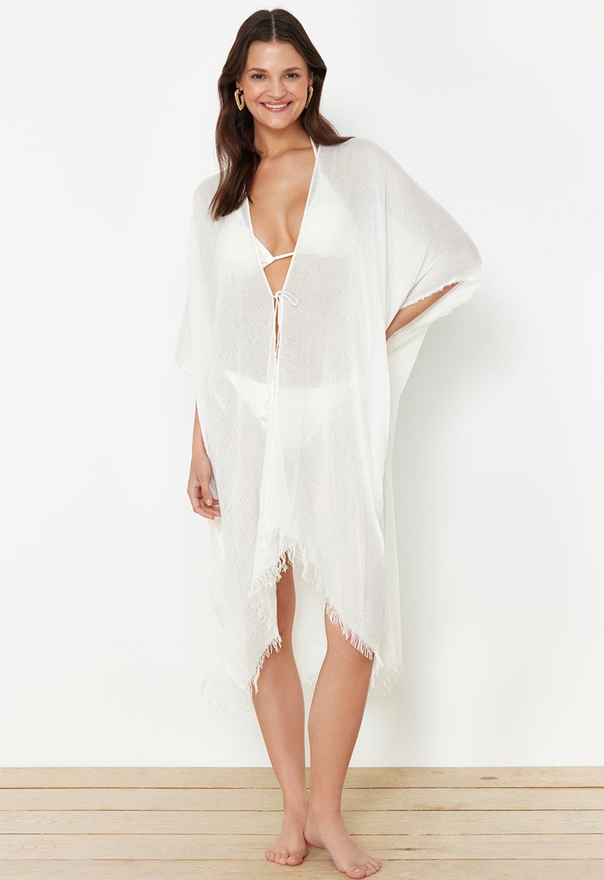 Trendyol - Midi Woven Tassel Beach Kimono & Kaftan - White