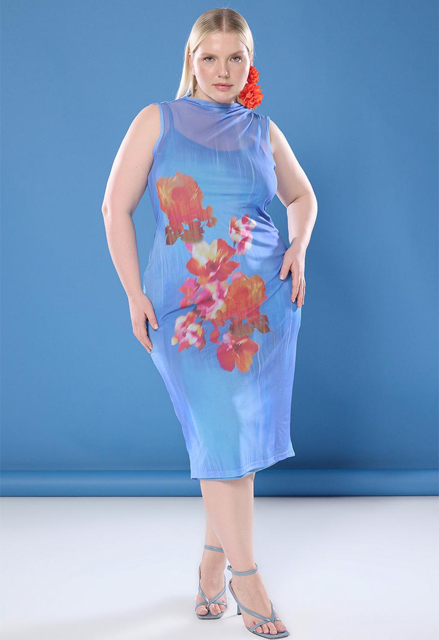Trendyol - Floral printed knitted tulle plus size dress - blue