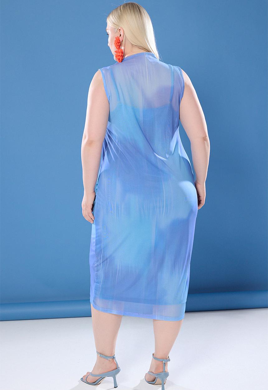 Trendyol - Floral printed knitted tulle plus size dress - blue