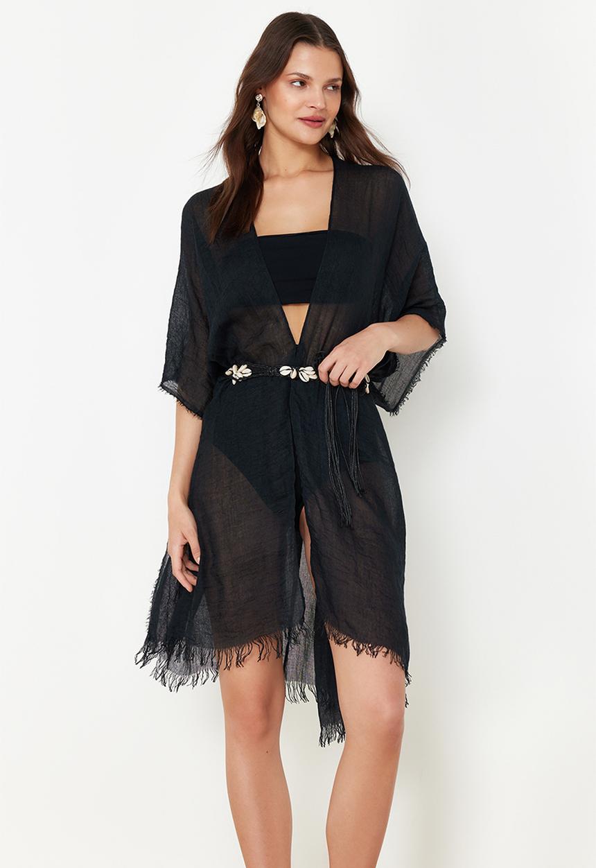 Trendyol - Midi Woven Tassel Beach Kimono & Kaftan - Black