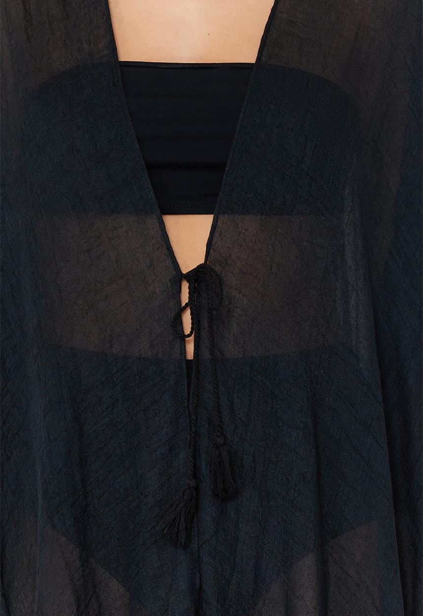 Trendyol - Midi Woven Tassel Beach Kimono & Kaftan - Black