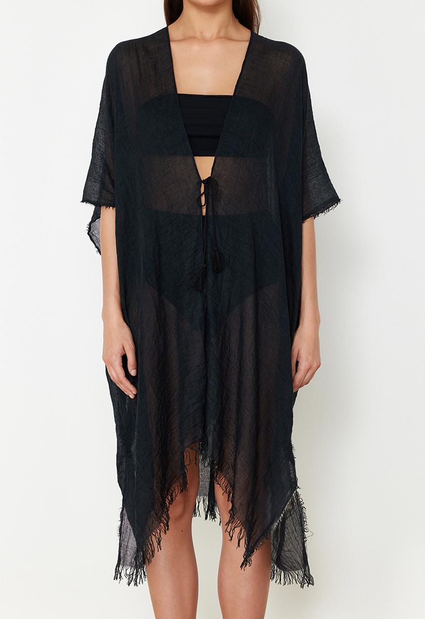 Trendyol - Midi Woven Tassel Beach Kimono & Kaftan - Black