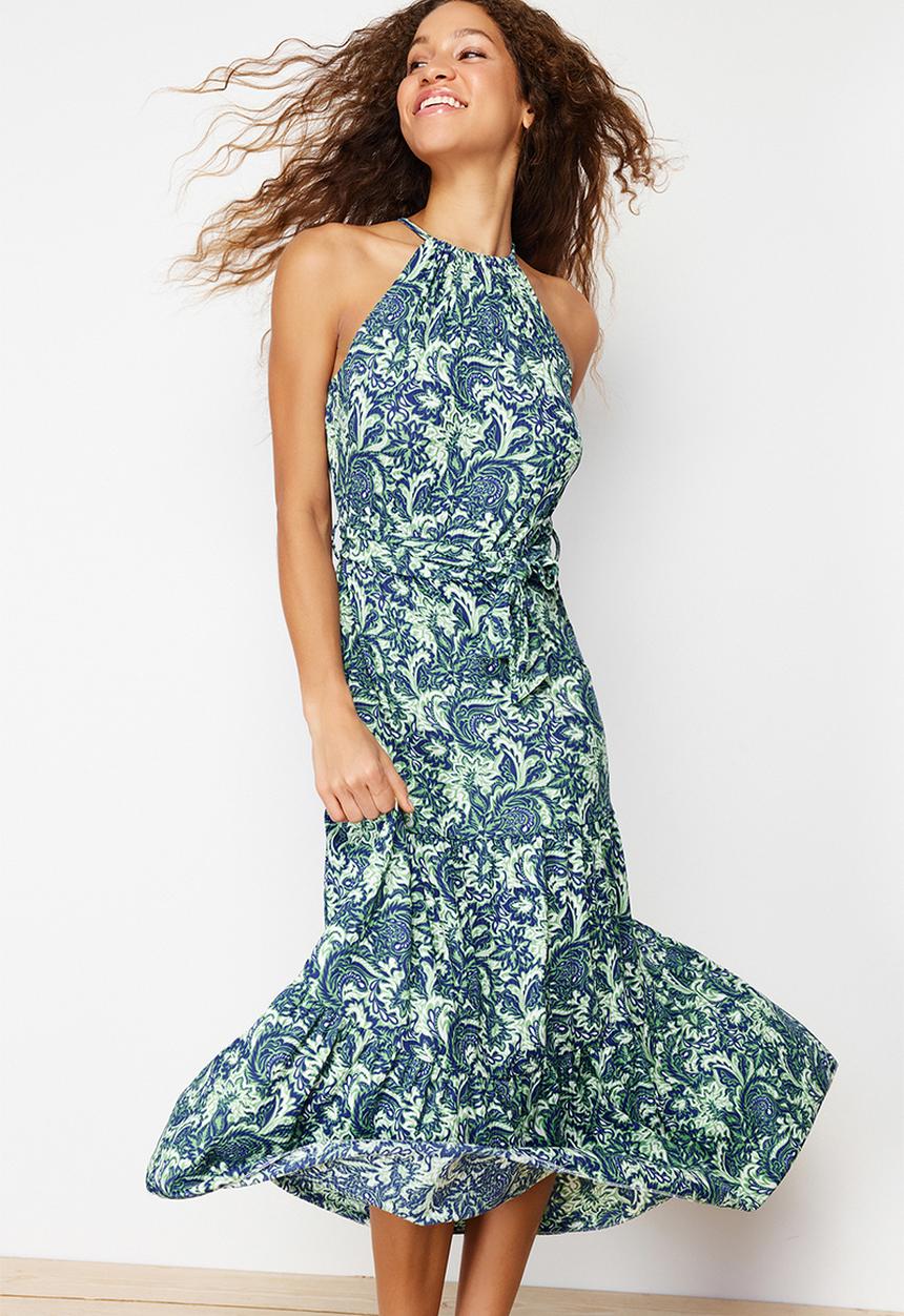Trendyol - Printed Flare Halter Neck Knitted Maxi Dress - Green