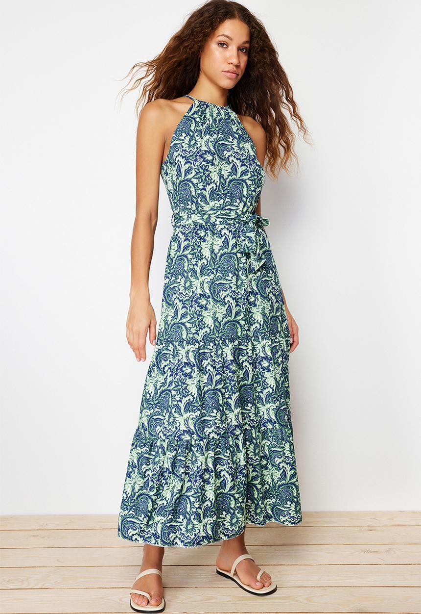 Trendyol - Printed Flare Halter Neck Knitted Maxi Dress - Green