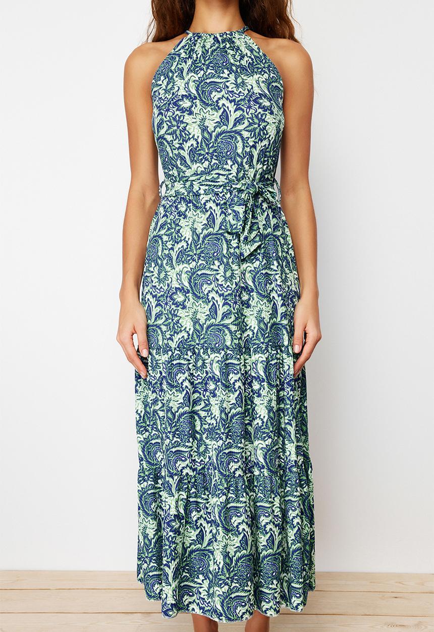Trendyol - Printed Flare Halter Neck Knitted Maxi Dress - Green
