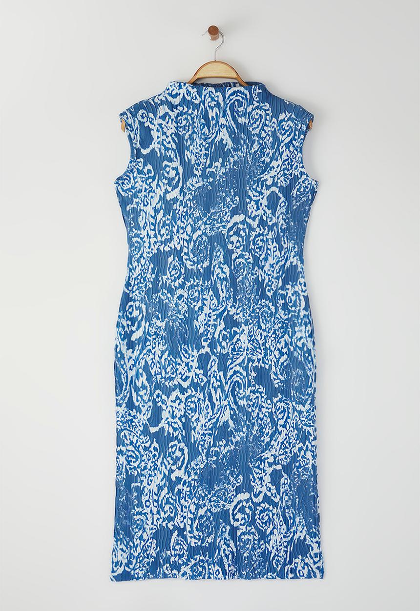 Trendyol - Pleated ethnic patterned knitted plus size dress - blue