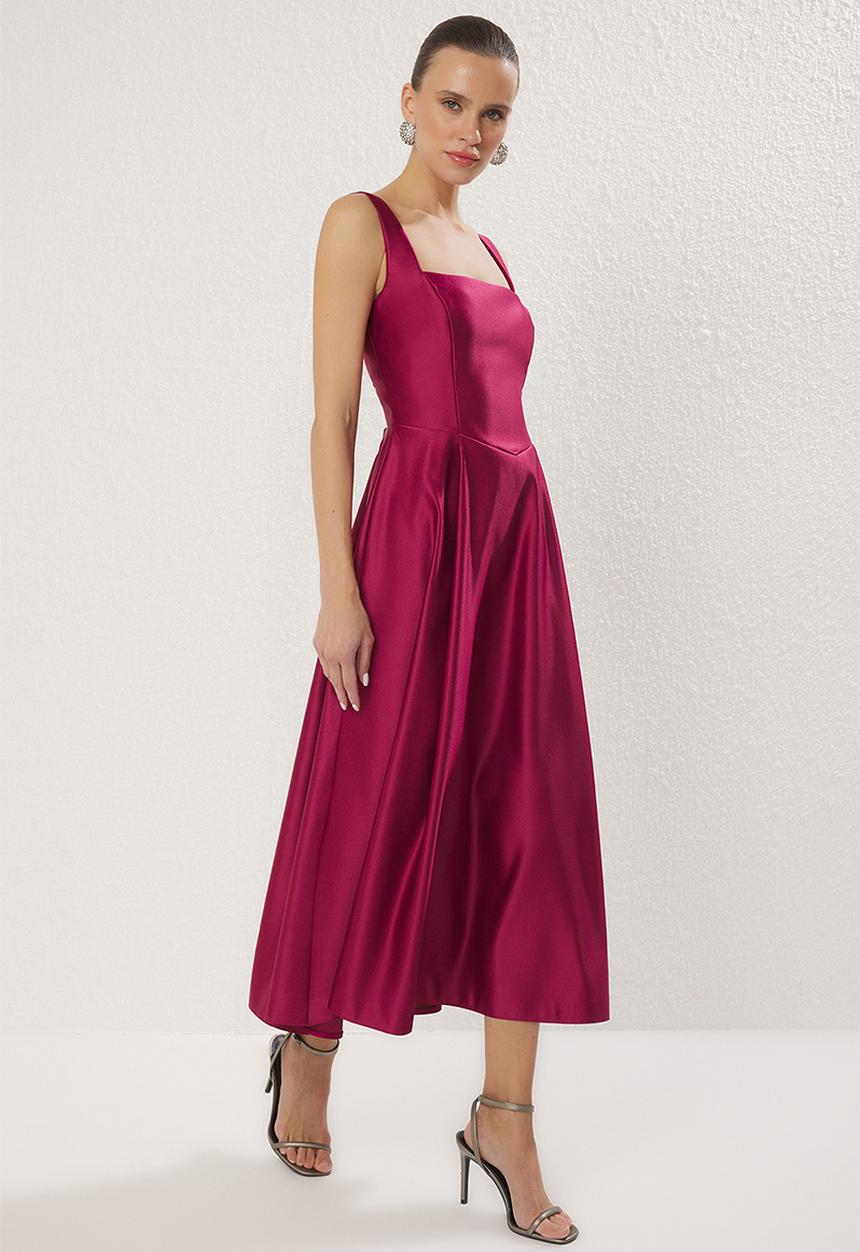 Trendyol - A-Line Satin Woven Elegant Evening Prom Dress - plum