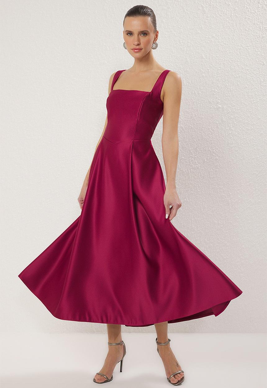 Trendyol - A-Line Satin Woven Elegant Evening Prom Dress - plum