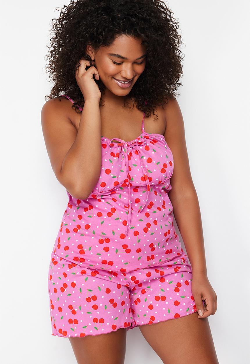 Trendyol - Patterned Knitted Pajama Set - Multicolored Cherry 