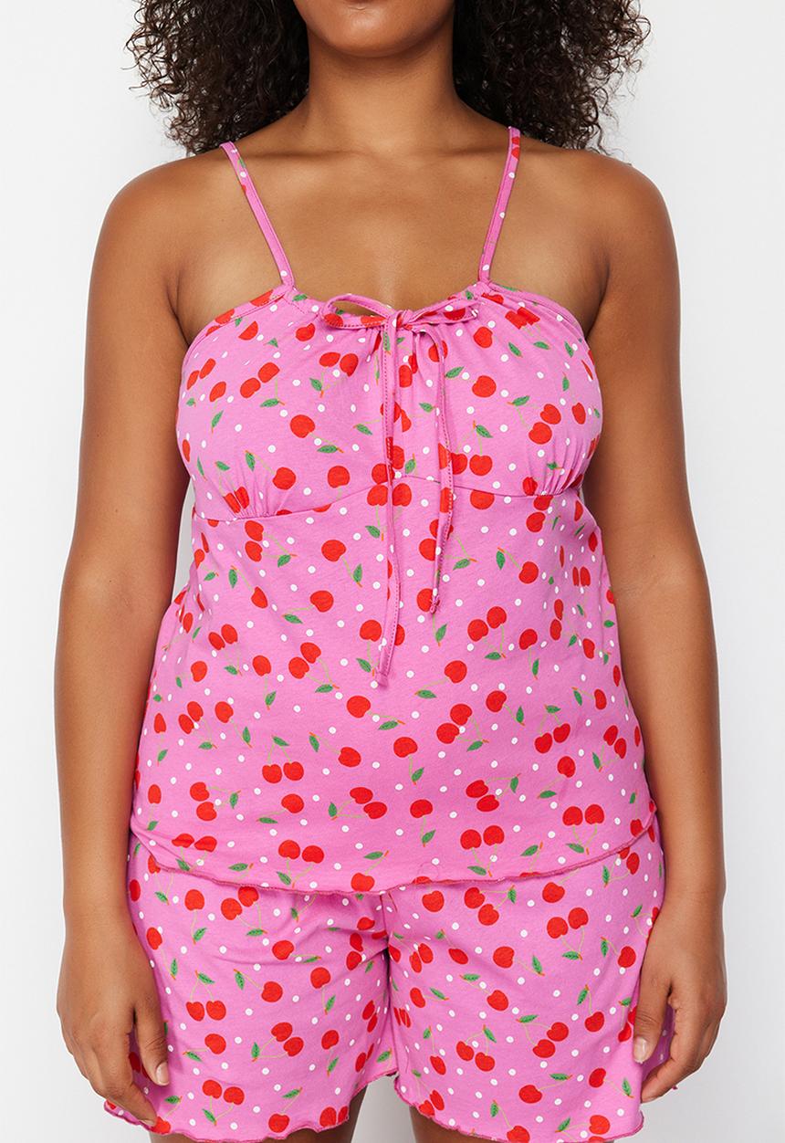 Trendyol - Patterned Knitted Pajama Set - Multicolored Cherry 
