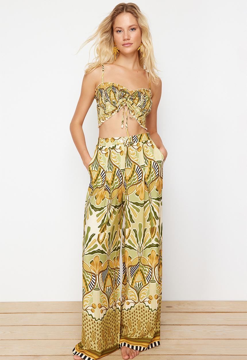 Trendyol - Patterned Woven Gipel Strapless Blouse Trousers Beach Suit - Ethnic