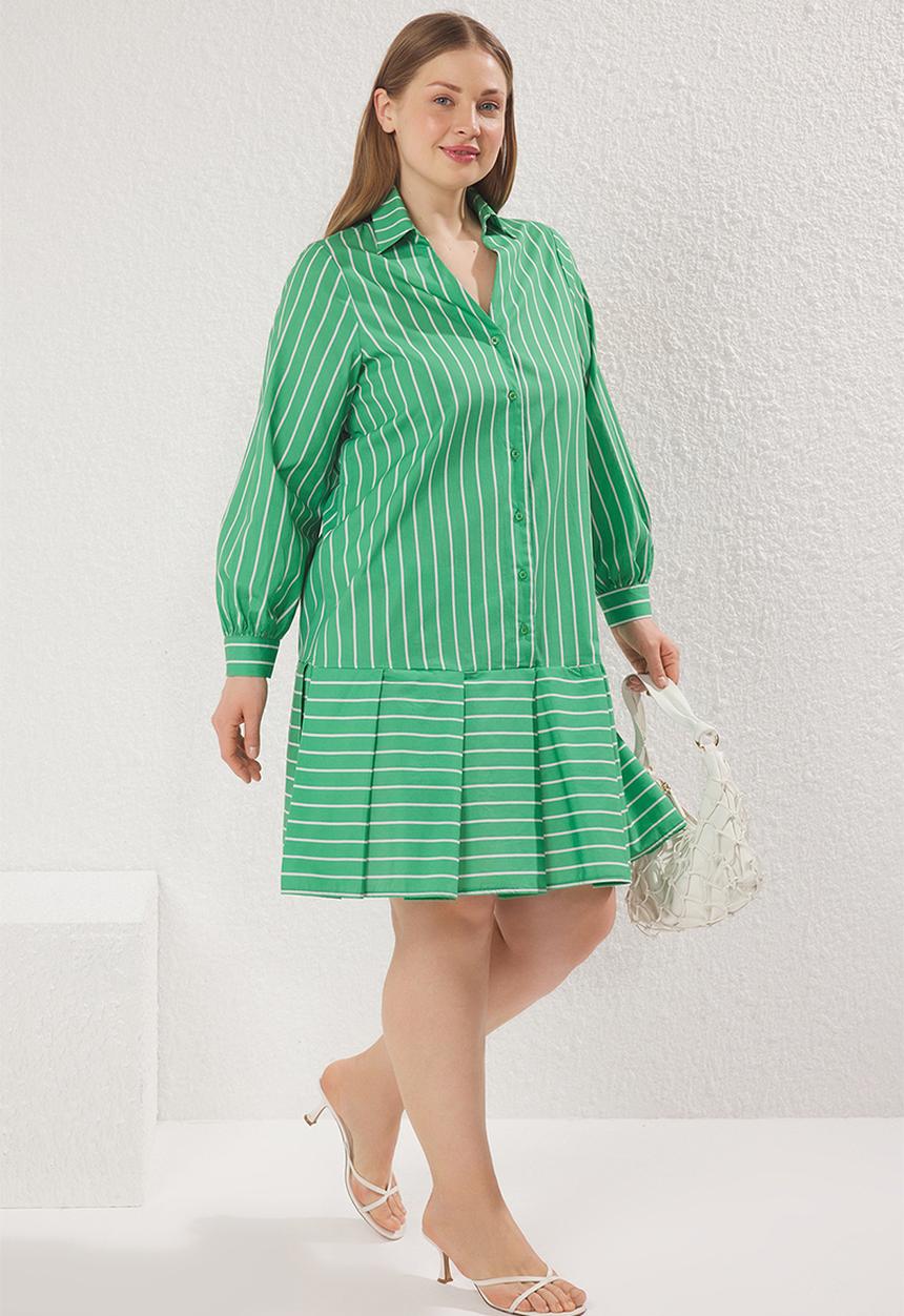 Trendyol - Striped 100% cotton woven mini plus size shirt dress - green