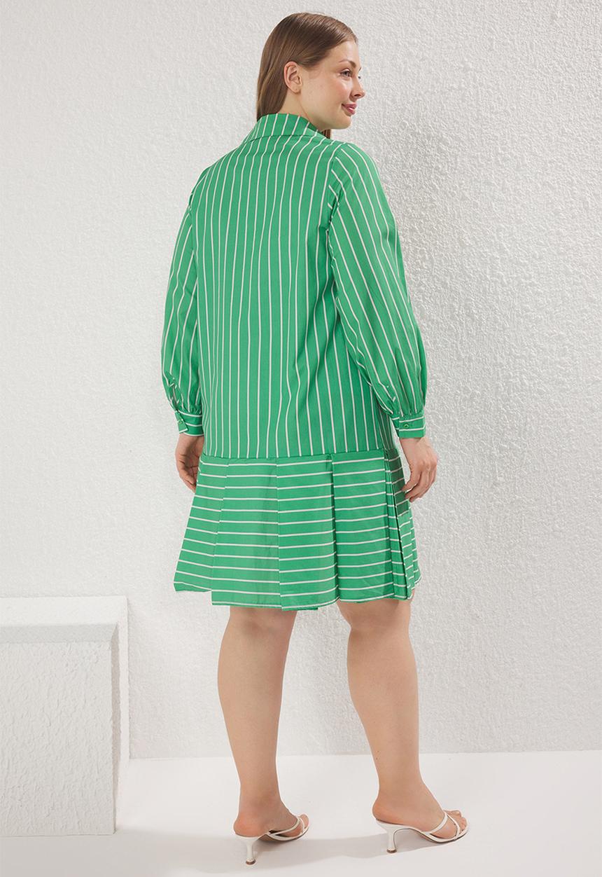 Trendyol - Striped 100% cotton woven mini plus size shirt dress - green