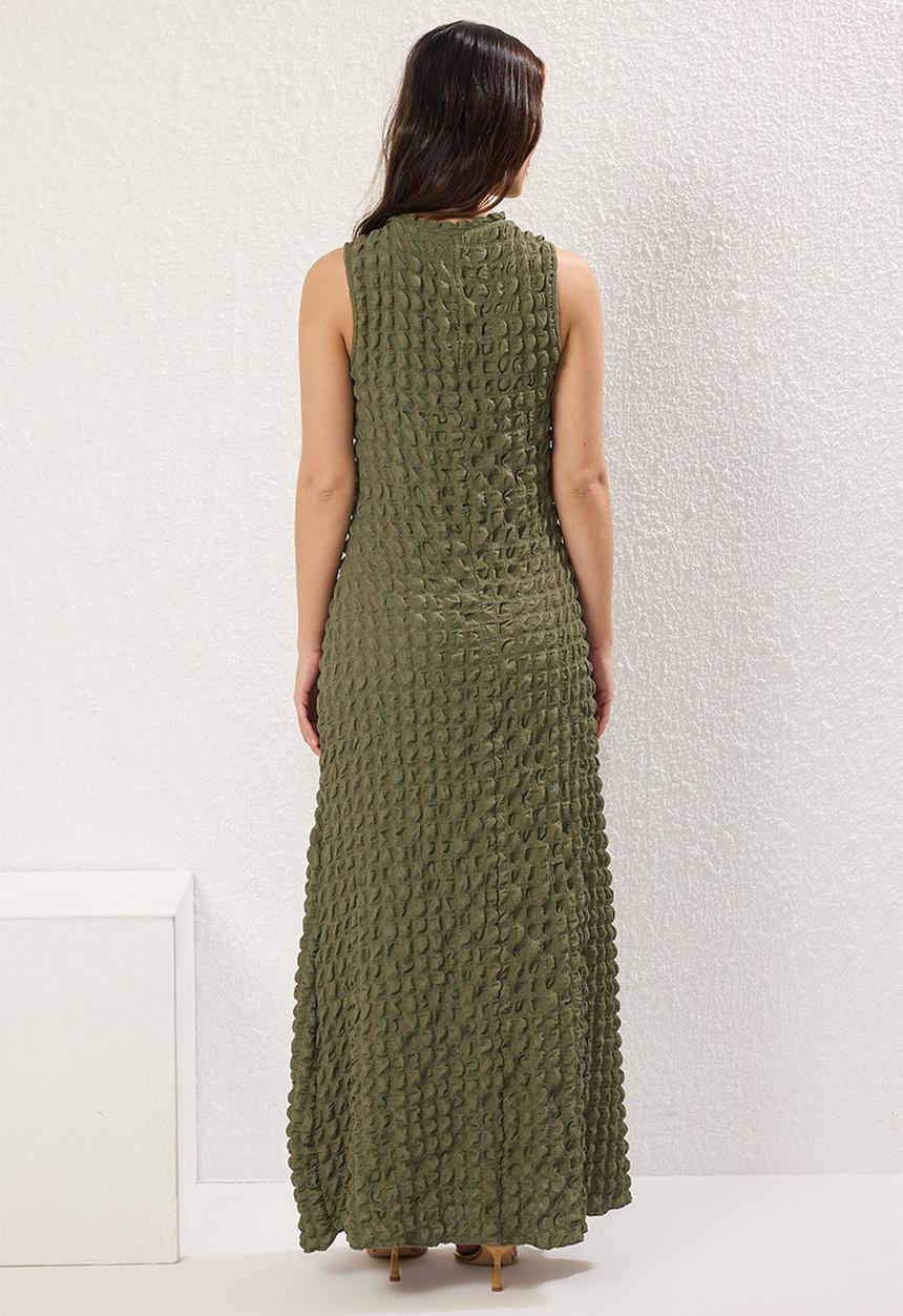 Trendyol - Plain Textured Crew Neck Maxi Dress - Khaki