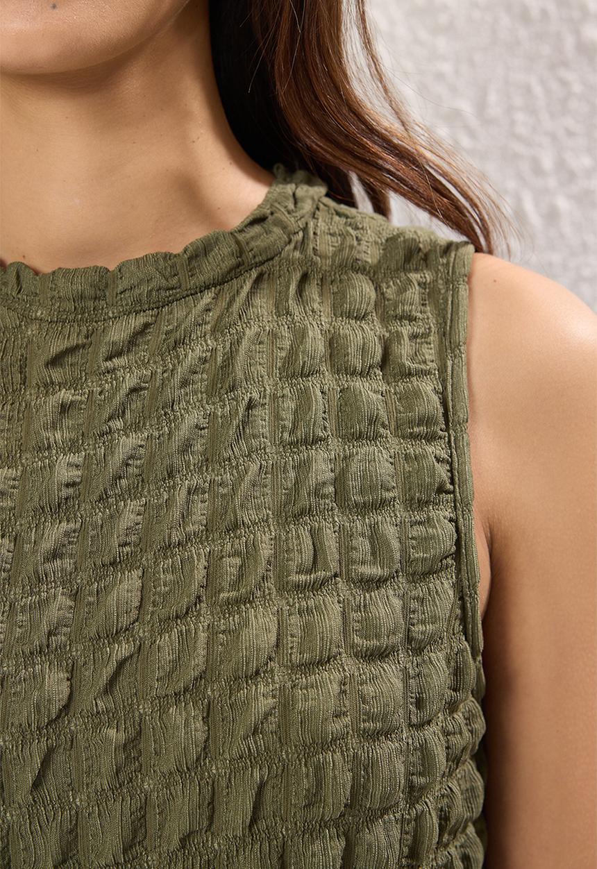 Trendyol - Plain Textured Crew Neck Maxi Dress - Khaki