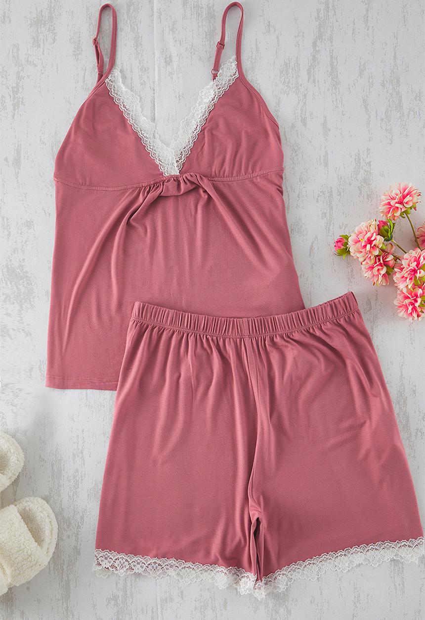 Trendyol - V-neck Lace Detail Viscose Knitted Pajama Set - Dusty Rose